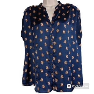Cynthia Rowley Blouse Top Women's Size XL Adorable Fox Print Lightweight Navy
